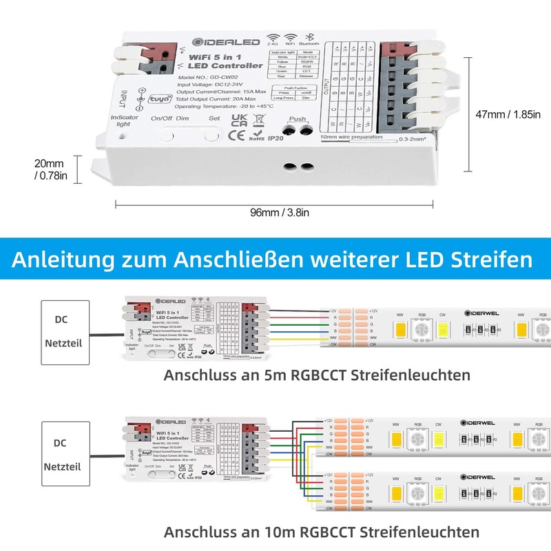 Smart 5-in-1 WiFi LED Controller RGBWW, Intelligent Wireless Controller for