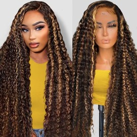 Highlight Deep Wave Lace Front Wigs Human Hair 28 Inch 13x6 HD Transparent Lace Front Wigs 200 Density 4/27 Ombre Honey Blonde Curly Wig for Women Pre Plucked with Baby Hair