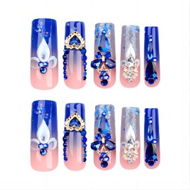 Rchovsam xl Blue Press on Nails Long Square Fake Nails with Royal Blue Butterfly Diamond Glitter Diamond Stick on Nails with Gold Love Design Blue Rhinestone Glue-On Nails for Women 24pcs