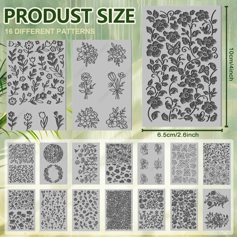 CHGCRAFT 16 Sheets 16 Styles Plants Polymer Clay Texture Mat