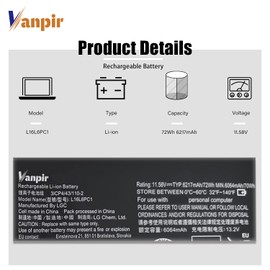VANPIR L16L6PC1 Laptop Battery, 11.58V 72Wh 6217mAh Compatible with Lenovo Yoga 720-15IKB Series Notebook L16M6PC1 L16C6PC1 5B10M53745 5B10M53743 5B10M53744