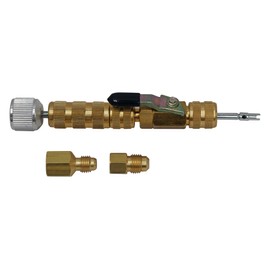 Mastercool 91498 Universal R410A Valve Core Remover/Installer Kit – High-Pressure HVAC Tool with Safety Locking Nut – Includes 1/4" Flare & 1/2"-20 UNF Fittings