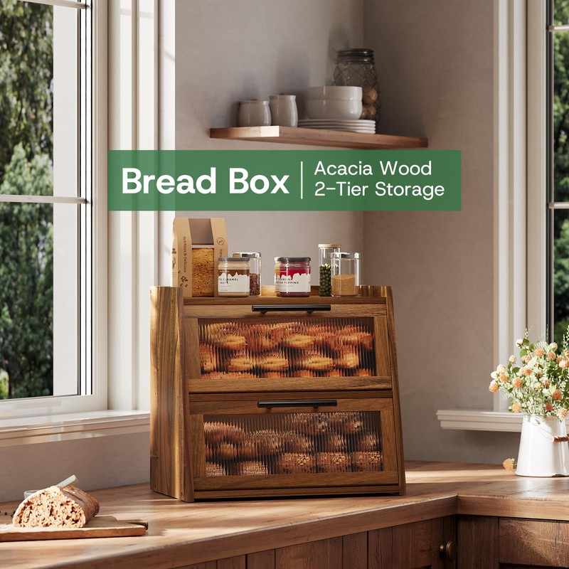 kiplant Bread Box for Kitchen Countertop - Acacia Wood, Wavy
