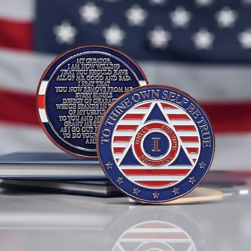 Stars and Stripes Alcoholics Anonymous Chip with 7th Step Prayer