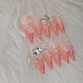 [Premium] Eternal Rose Stone Handmade Nail Tips - Coffin / [프리미엄] 이터널 로즈 스톤 수제네일팁 - 코핀