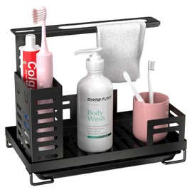 Ghazpmuk Sink Organiser, Sink Organiser, Kitchen Sink Caddy Organiser, Sponge Holder, Stainless Steel Kitchen Organiser with Removable Drain Pan, Tea Towel Hanger and Brush Tray for Kitchen