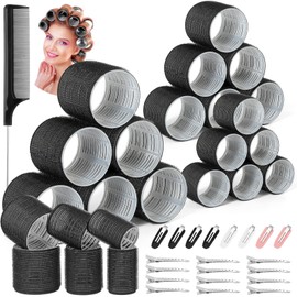 Qinzave 39PCS Self Grip Hair Rollers Curlers 3 Sizes Black Hair Roller 2.5in, 1.9in, 1.4in, Jumbo Hair Roller with 12PCS Duckbill Clips Hair Rollers for Long Medium Short Thick Fine Volume Bangs Hair (Black)