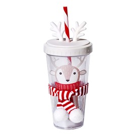 Water Cup with Straw and Lid, 420ml Double Wall Cute Water Tumbler with Snowball Scarf, Leak Proof Christmas Kids Water Bottles for Children, Adult, School, Office, Cycling, Sport, Travel (Elk)