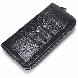 Alice Fan Luxury Genuine Crocodile Leather Skin Mens Wallet Zipper Long Wallet Men Purse Clutch Bag (Crocodile Back Black)