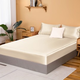 NSGZ Satin Fitted Sheet Full, Single Silky Fitted Sheet Only Soft Deep Pocket Bottom Bed Sheets, Wrinkle Free & Fade Resistant & Breathable Bottom Sheets- Light Khaki