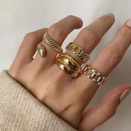 HUASAI Chunky Gold Rings for Women Non Tarnish Gold Stackable Chain Rings Snake Rings Stacking Rings Knuckle Rings Set Bold Thick Statement Rings for Gifts Trendy Stuff(Gold 4 Pcs)