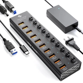 Powered USB 3.2 to Type-A, Type-C Hub, SmartDelux 10Gbps 10 Port Adapter, Individual LED Switches end High-Speed Data Transfer, Power Adapter 60W, USB Extension for Laptop, Flash Drive, PC and More