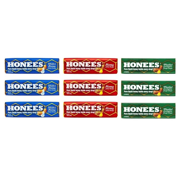 Honees Honey Drops 3 Flavor 9 Pack Variety Bundle, 3 each: Milk & Honey, Honey Menthol, Honey Filled (9 Count))
