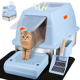 Vivifying Stainless Steel Litter Box with Lid, XL Front Entry Enclosed Extra Large Litter Box for Big Cats & Kitty, Top Exit Metal Cat Pan with Scoop, Mat, Step, Charcoal Filter (Blue)