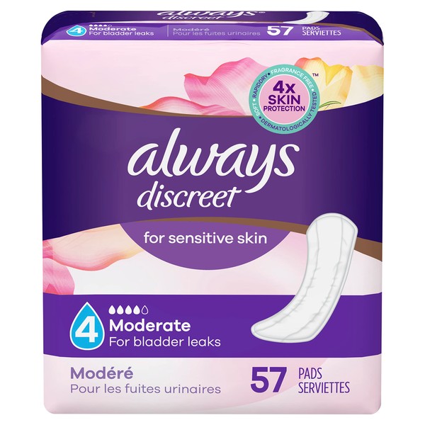 Always Discreet for Sensitive Skin Pads Moderate Absorbency Four Times Skin Protection Soft Dermatologically Tested Fragrance-Free, 57 Count