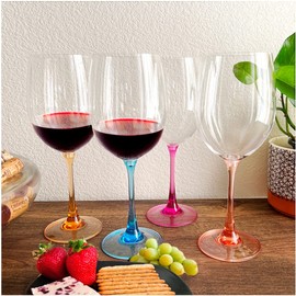Lily's Home Unbreakable Stemmed Red Wine Glasses, Made of Non Breakable Shatterproof Plastic, Indoor and Outdoor Drinkware, Reusable and Dishwasher-Safe, 22 oz. Each, Set of 4 (Multi Color Stem)