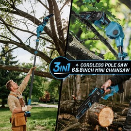 ZUYIYI 3-in-1 Cordless Pole Saw & 6 Inch 8 Inch Mini Chainsaw for Makita 18V Battery(NOT Included), Electric Chain Saw w/Extension Pole, 15Ft Max Power Pole Chainsaw for Tree Trimming, Wood Cutting