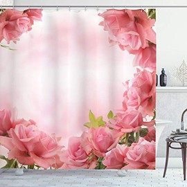 Ambesonne Valentine Shower Curtain, Framework with Romantic Roses with Leaves Bridal Wedding Marriage Corsage, Cloth Fabric Bathroom Decor Set with Hooks, 70" Long, Pink Coral