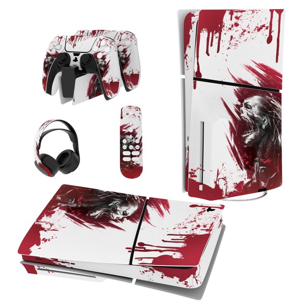 PlayVital Full Set Skin Sticker for ps5 Slim Console Disc Edition (The New Smaller Design), Vinyl Skin Decal Cover for ps5 Controller & Headset & Charging Station & Media Remote - Blood Zombie