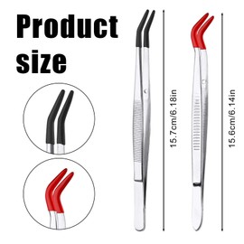 2pcs Bent Tweezers with Rubber Tips, Curved Flat Tip Tweezer Stainless Steel Angled Grip Gem Stamp Sticker Non-Slip Long Crafting Tweezer Tool for Bead Craft Hobby Jewelry Making Garden(red, black)