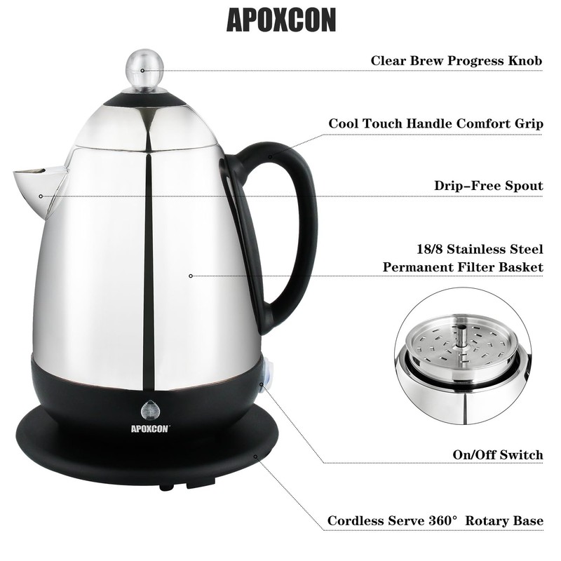 APOXCON Electric Coffee Percolator Stainless Steel Coffee Maker with Clear