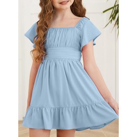 blibean Girls Summer Tie Back Dress Tween Kids Formal Boho Cold Shoulder Cute Dresses Ruffle Beach Short Tulle Clothing Vestidos Niñas Size 10-11 Years Old Light Blue