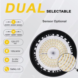 Paby 150W/120W/100W UFO High Bay Light - with Motion Sensor 23250LM 0-10V Dimmable High Bay LED Shop Lights 3500K/4000K/5000K Replacement of 730W MH/HPS for Workshop Warehouse Factory Barn Garage