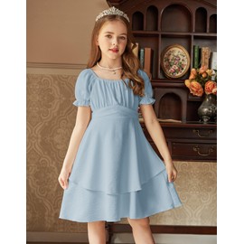 Arshiner Girls Summer Dress Chiffon Square Neck Lantern Sleeve Ruffle Midi Party Dress Light Blue 9-10 Years