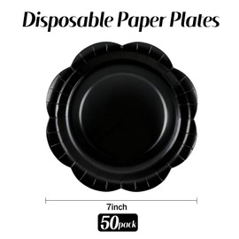 KFJBPB - Paquete de 50 platos de papel negro de 7 pulgadas, platos festoneados desechables para tartas, platos de postre para cena, baby shower, boda, despedida de soltera, suministros para fiesta de