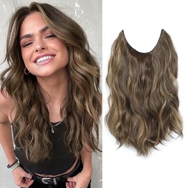 Morichy Halos Hair Extensions, 14Inch Invisible Wire Hair Extensions Clip in Adjustable Short Wavy Synthetic Upgrade 4 Secure Clips Light Brown Mix Honey Blonde Hairpieces for Women Daily Use