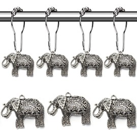 Aimoye Elephant Shower Curtain Hooks Rings - Misty Forest Shower Curtain Hooks Rust Proof, Chic Decorative Shower Curtain Hangers, Cute Nature Animal Vintage Theme Bathroom Decor