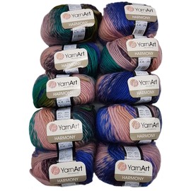 500 g Ilkadim Export Harmony Knitting Wool with 60% Wool Content, 10 x 50 g Knitting Yarn Multicoloured with Colour Gradient (Pink, Blue, Green A10)
