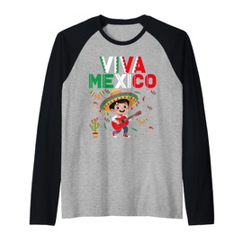 Viva Mexico Mexican Poncho Boy Independence Day Flag Guitar Raglan Baseball Tee