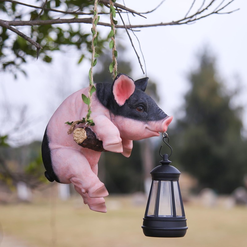 Hanging Pig Garden Lantern, Solar Pig Sculpture Outdoor Resin Garden