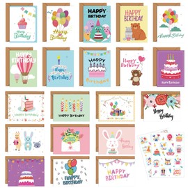 Birthday Cards Bulk with Envelopes & Stickers, 20 Pack 20 Designs Happy Birthday Card Assortment, 15 * 10cm Greeting Cards for Kids Family Friends