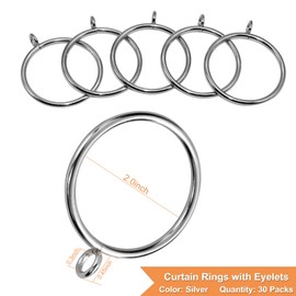 30 Packs Curtain Rings with Eyelets, Metal Drapery Clips Hooks, Drape Tings for Curtain Rods (2 inch Inner Diameter)