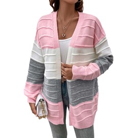 Libsorge Womens Oversized Cute Color Block Striped Long Cardigan Spring Sumnmer Fall Winter Trendy Ladies Dressy Casual Outfits Chunky Ribbed Knit Open Front Long Sleeve Sweater 2025 Pink L