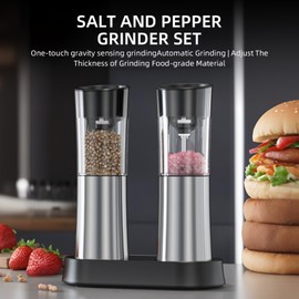 Gravity Electric Pepper and Salt Grinder Set USB Rechargeable with Dual Charging Base Adjustable Coarseness Refillable Automatic One-Hand Operated Mill Set with LED Light Kitchen Gadgets