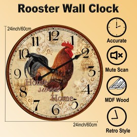Eruner 24 Inch Retro Rooster Wall Clock,Large Rustic Farmhouse Decor for Living Room Bedroom,Silent Non-Ticking Quartz Movement Battery Operated for Kitchen