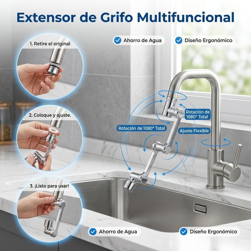Aireador Extensor de Grifo Giratorio de 1080, Universal Extension de
