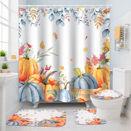 Prewplam Fall Bathroom Shower Curtain Sets - 4Pcs Fall Pumpkin Bathroom Set with Shower Curtain Non-Slip Rugs Toilet Lid Cover Bath Mat, Autumn Thanksgiving Bath Decor