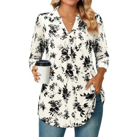 Bulotus 3/4 Length Sleeve Womens Tops, Business Casual Clothes for Women Collared V Neck Shirts Loose Fit tunic tops to Wear with Leggings Fall Tops Fashion 2023, Black Flower, M