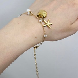 Niaspi Dainty Beach Bracelet Chain for Women Girls 18K Gold Plated Boho Sea Shell Starfish Drop Bracelets Retro Dainty Faux Pearl Adjustable Chain Bracelets Hypoallergenic Birthday Jewelry Gifts