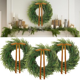Yuxung 3 Pcs 24 Inch Christmas Norfolk Pine Wreath Artificial Real Touch Norfolk Wreath Winter Farmhouse Greenery Decoration with Ribbon Bow for Front Door Xmas Indoor Outdoor Home Decoration(Brown)