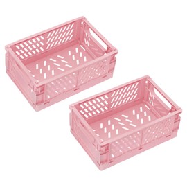 PATIKIL Collapsible Basket, 2 Pcs 10 x 6.5 x 3.9 Inch Stackable Storage Crates Foldable Plastic Baskets Desk Organizing Container for Home Kitchen Office, Pink