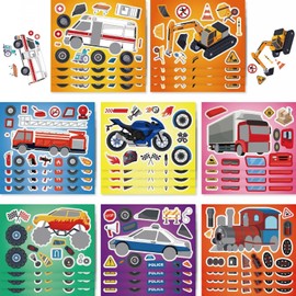 TIAMECH Make Your Own Vehicle Stickers - 24 Sheets Truck Train ATV Ambulance Make A Face Stickers for Kids, Birthday Party Favors & Educational Classroom Rewards