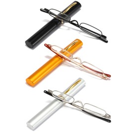Ultra Small Reading Glasses For Men Women Slim Pocket Readers with Pen Clip Metal Case Spring Hinge 3 Pairs 3.0