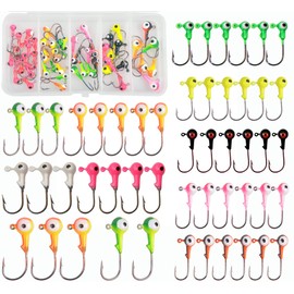 50pcs Fishing Jig Hooks Eye Tackle Box Kit Lead Head Round Jig Lure Bait Sharp Hooks Assorted Color Weight 0.88g, 1.75g, 3.5g for Saltwater Freshwater Fishing