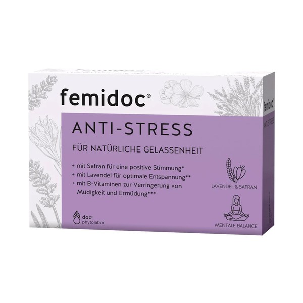 femidoc Anti-Stress Capsules, Pack of 30, with Saffron, Lavender and B Vitamins, Dietary Supplement for Natural Serenity, Vegan