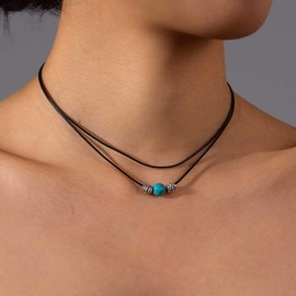 Xduargs Boho Layered Turquoise Beaded Necklace Black Bead Waterproof Rope Necklace Vintage Turquoise Wax Rope Necklace Adjustable Turquoise Chain Necklace Jewelry for Women